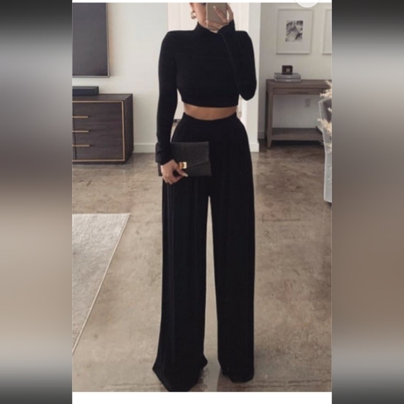 New! 2 PC Black Wide Leg Pant Trouser Long Sleeve Crop Top Set - Picture 4 of 4